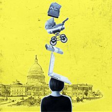 Woman balancing pc, money, stroller and bag on head with White House in yellow background