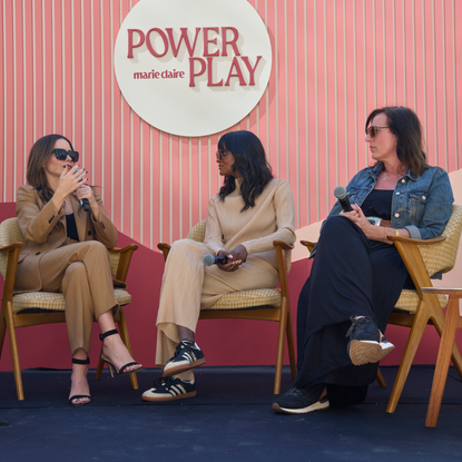 Sophia bush, nia batts, and jane smith speaking on the reverse ambition panel at Marie Claire's 2024 Power Play Summit. 