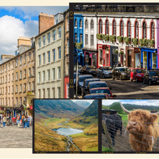 Collage of Edinburgh Scotland landmarks , edinburgh castle, the royal mile, victoria street, scottish highlands